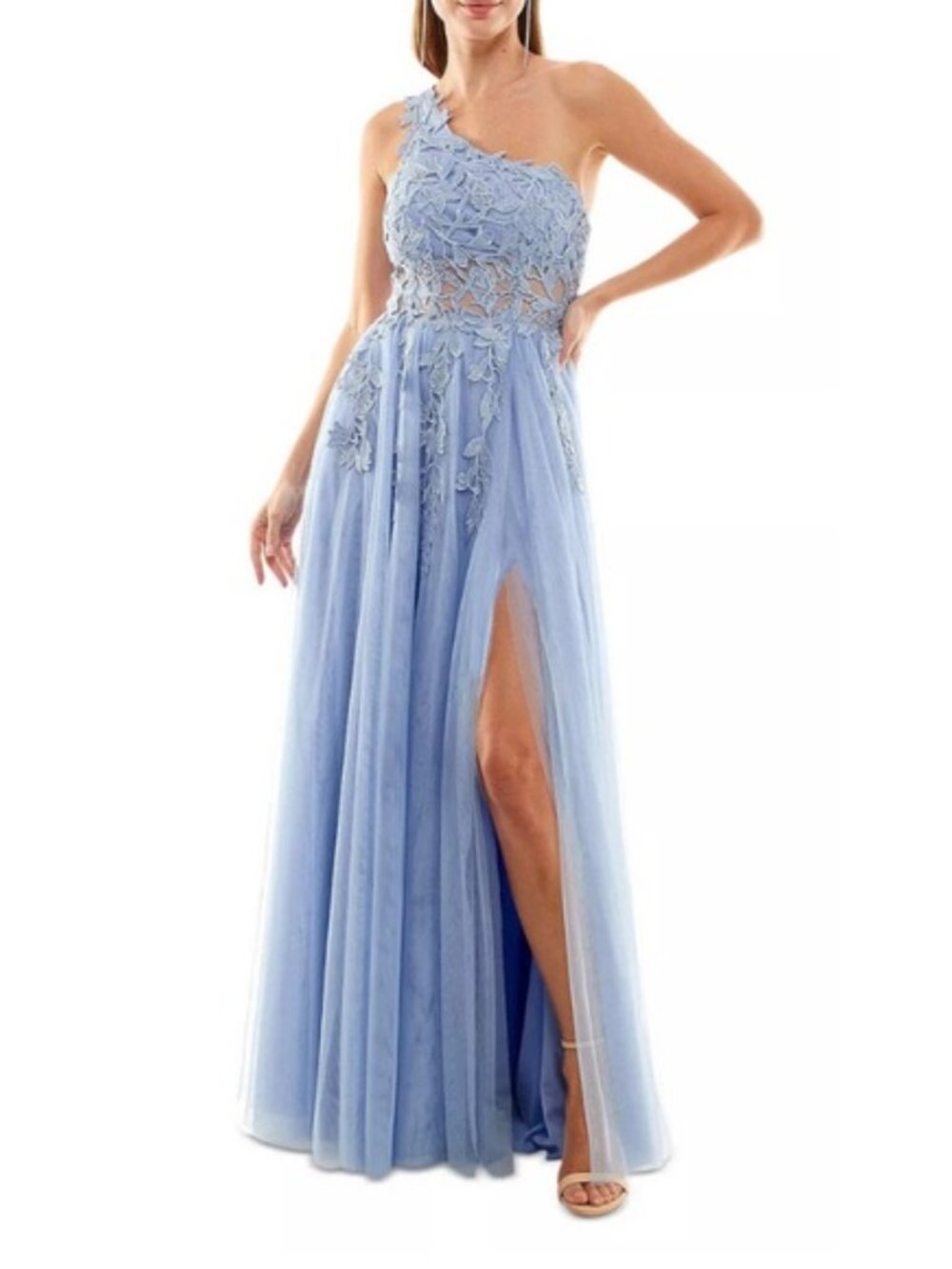Gorgeous Sheer Midriff Sequined Applique One Shoulder Gown - Picture 7 of 7